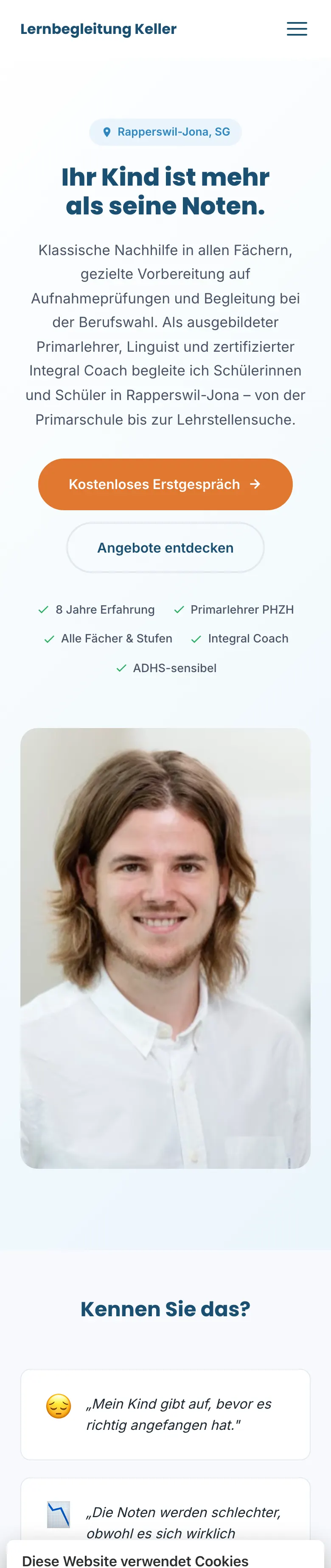 Startseite von Lernbegleitung Keller mit persönlichem Nachhilfeangebot und direktem Weg zum Erstgespräch