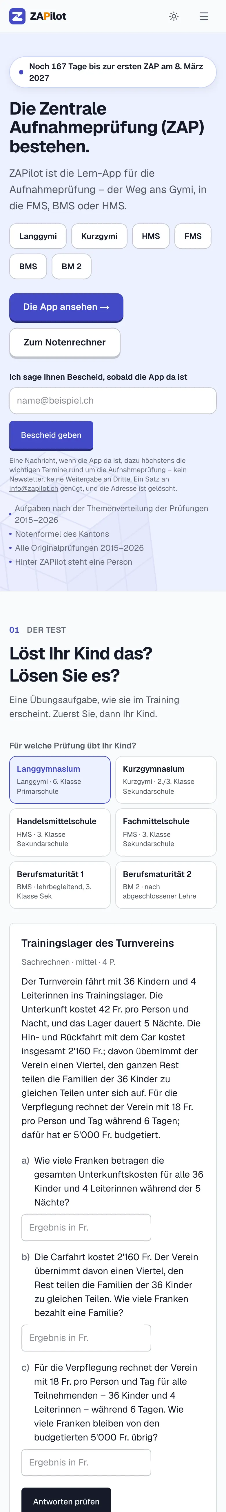 Startseite von ZAPilot mit Auswahl der Zürcher Aufnahmeprüfungen und digitalem Lernangebot